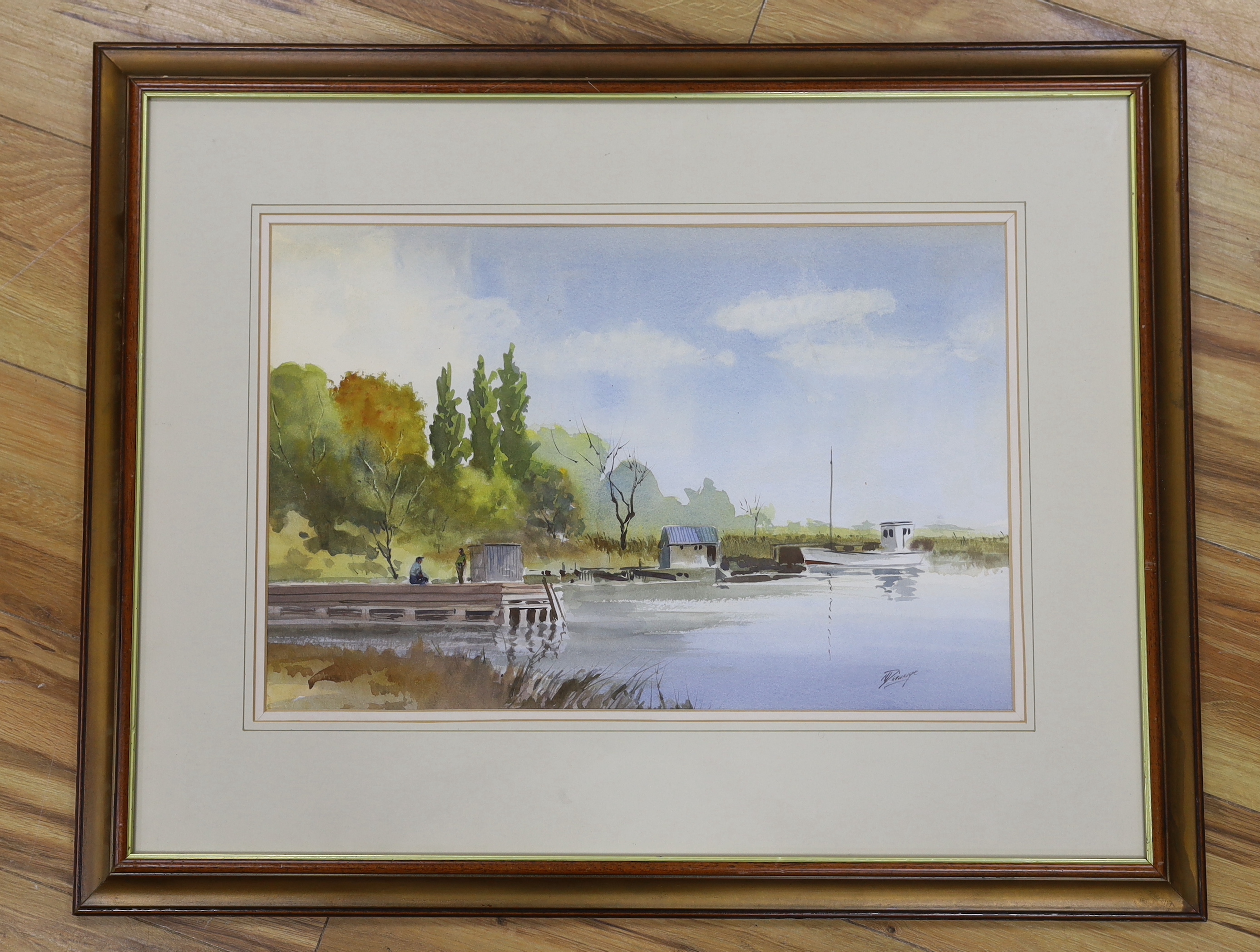Norman Dinnage (b. 1928) watercolour, Riverside landscape with figures on a jetty, inscribed verso Chesapeake Bay, signed, 49 x 32cm